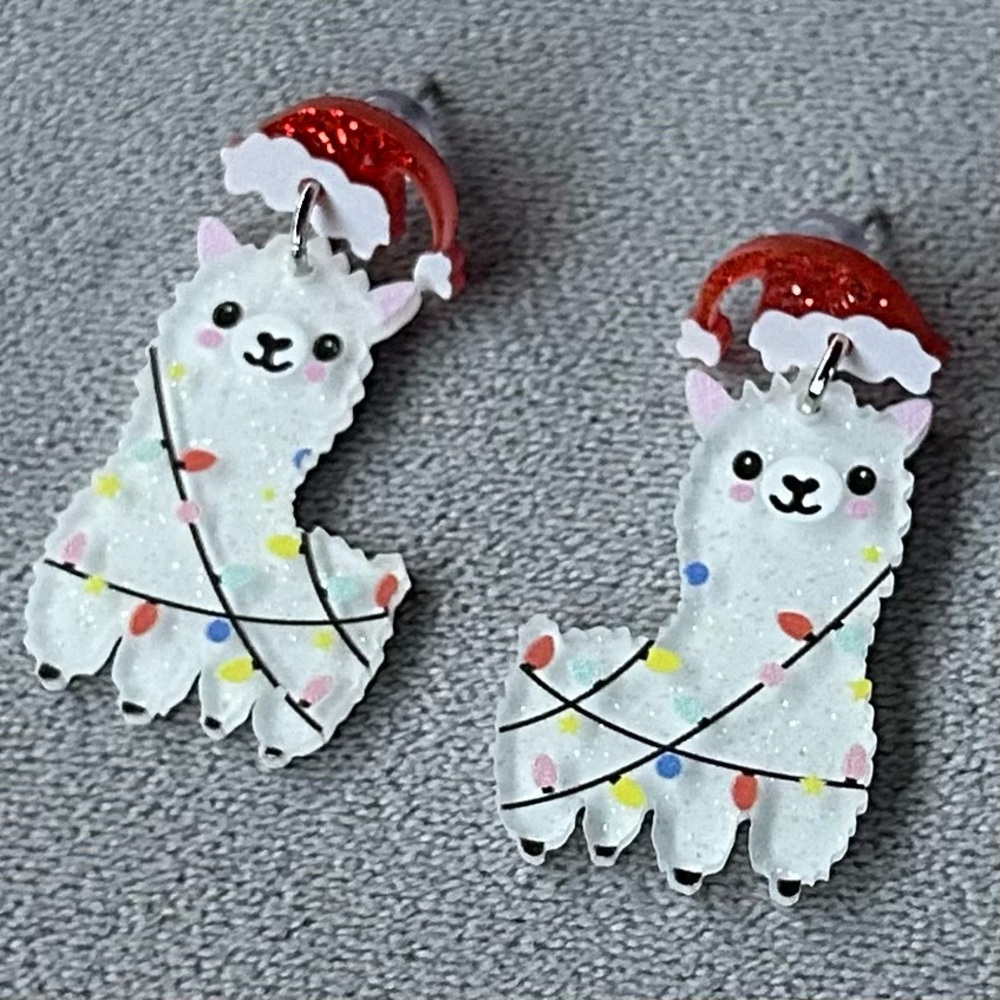 Llama with Christmas Lights and Santa Hat ~ Earrings ~ Brand New!